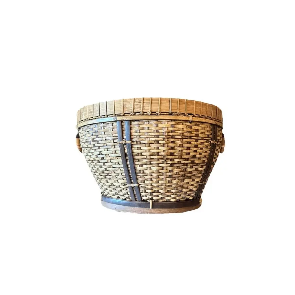 Round Vintage Southeast Asian Handwoven Bamboo Basket 12” X 7” With Handles